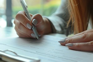 Person using pen to fill out paperwork